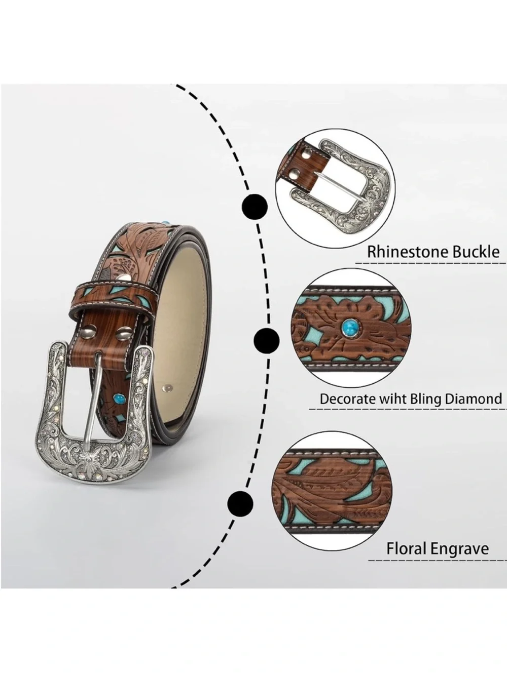 Western Tooled Leather Belt with Turquoise Inlay and Silver Buckle